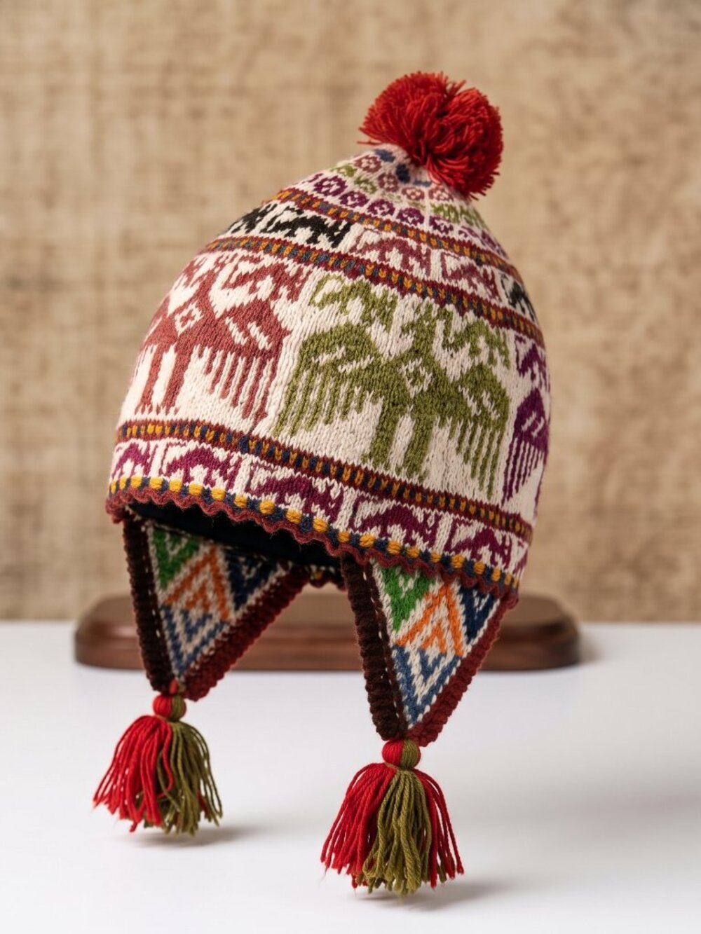 Hand-Knitted Peruvian Chullo with Condor and Andean Geometric Patterns